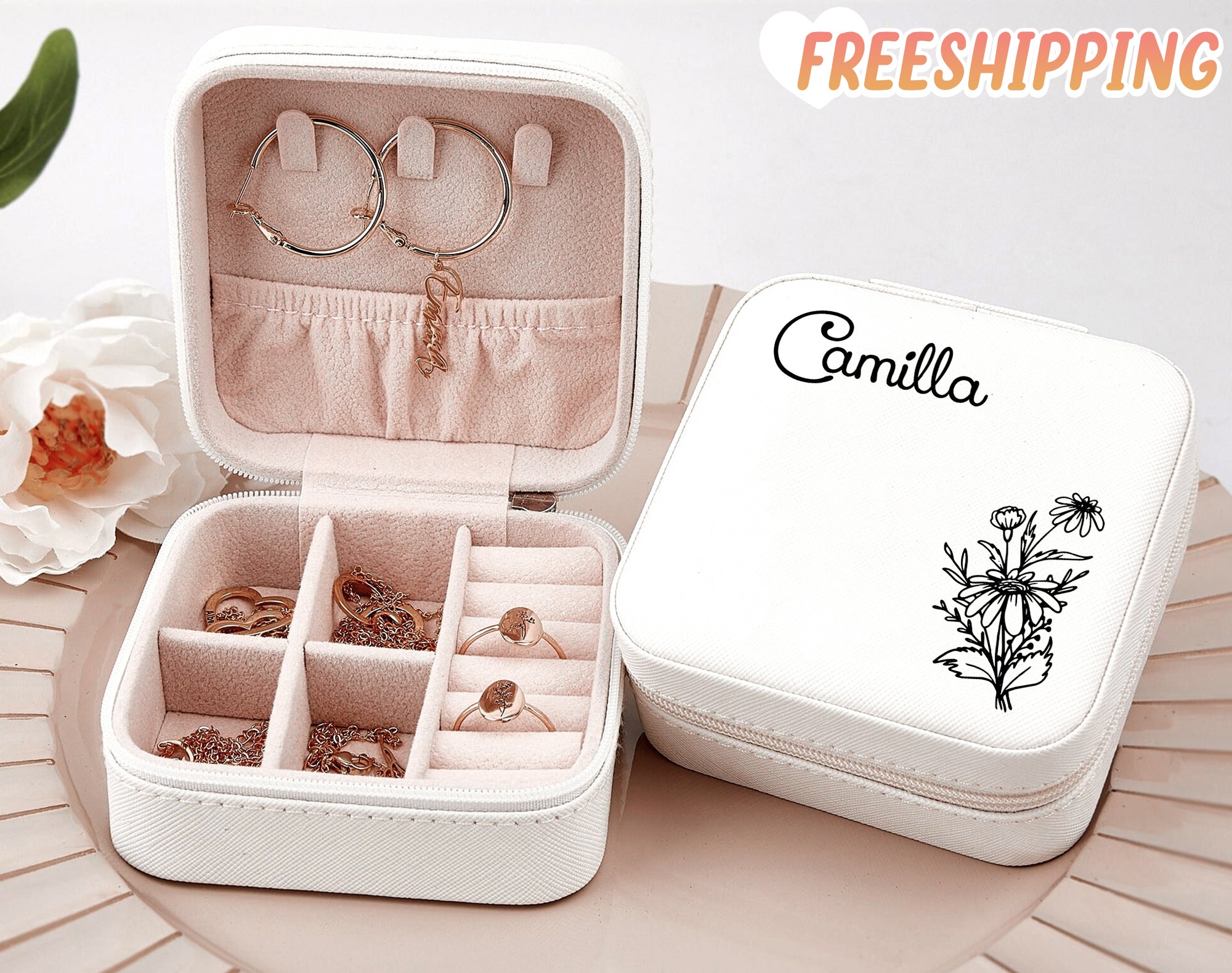 Engraved Jewelry Box Travel, Travel Jewelry Box, Customized Jewelry Box, Custom Birth Flower Jewelry Box, Birth Flower Cups Bridesmaid Gift