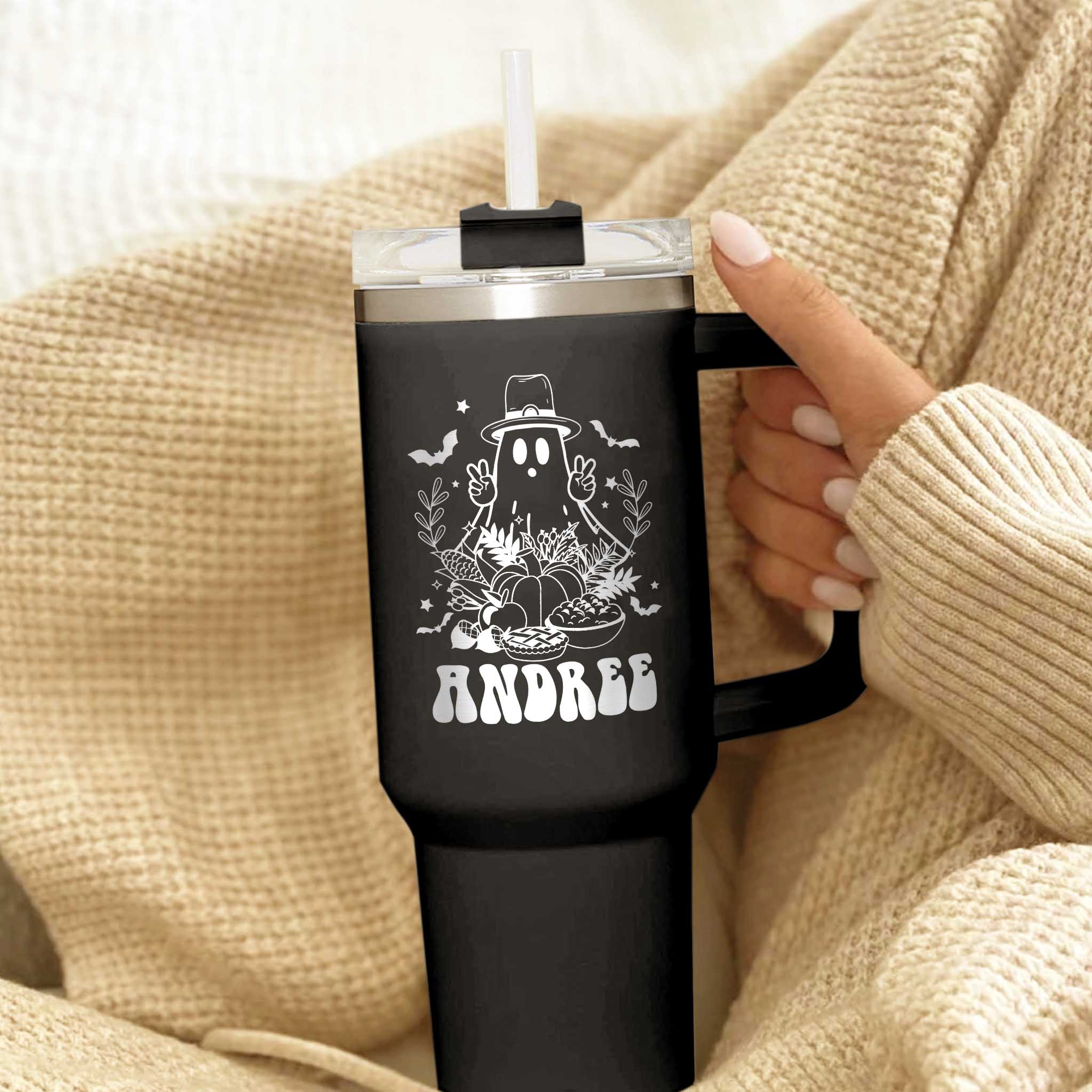 Spooky Ghost Tumbler 40OZ With Handle, Custom Name Engraved Tumbler, Autumn Pumpkin Tumbler, Thanksgiving Gift, Hallothanksmas Boo Tumbler