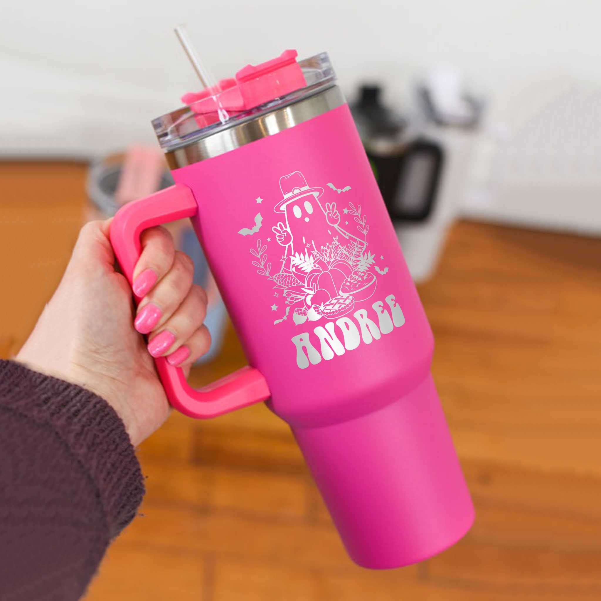 Spooky Ghost Tumbler 40OZ With Handle, Custom Name Engraved Tumbler, Autumn Pumpkin Tumbler, Thanksgiving Gift, Hallothanksmas Boo Tumbler